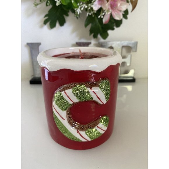 Kohls Vintage Christmas Candle‎ With Big Candy Cane "C" Red w Green Glitter NWT - Picture 6 of 16